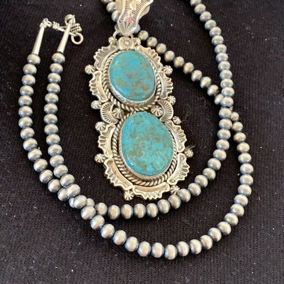 Native American Pearls Blue Necklace Pendant Ln 20 - Picture 2 of 12